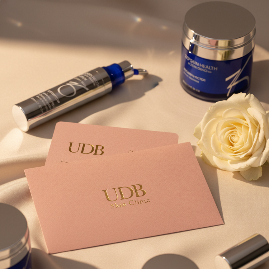 Cosmetic products including jars, a pen, and a rose on a beige surface with 'UDB' branding.