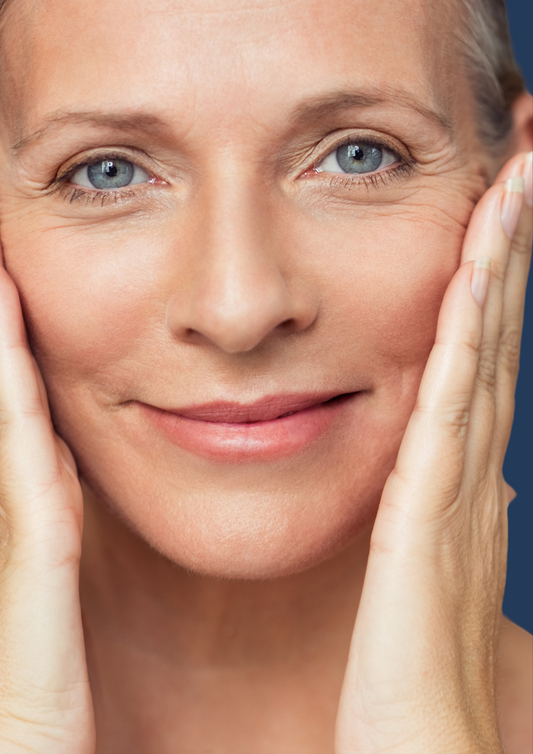 A close-up image of a smiling person receiving a facial treatment, specifically Profhilo skin treatment, which is meant to rejuvenate the skin.