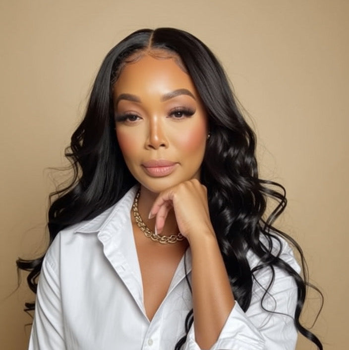 Woman in a white outfit with long, wavy hair against a beige background